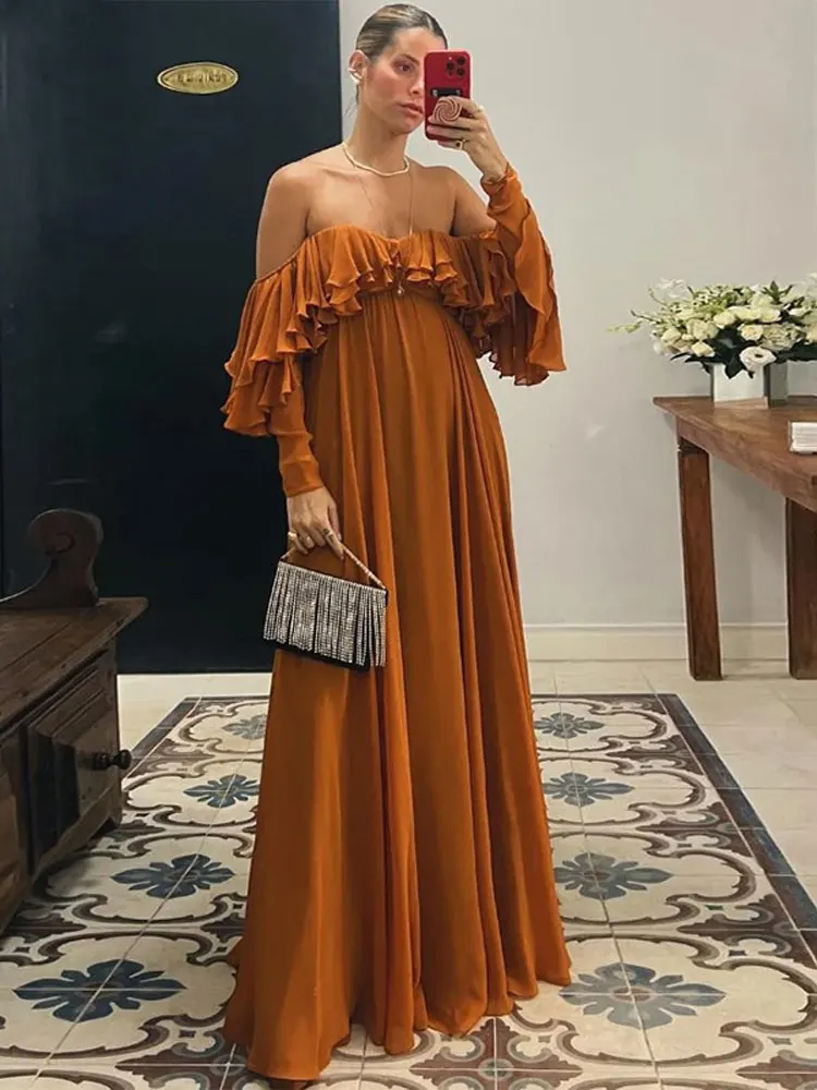 Summer Elegant Solid Ruffles Maxi Dress For Women Fashion Off Shoulder High Waist Chic Female Evening Party