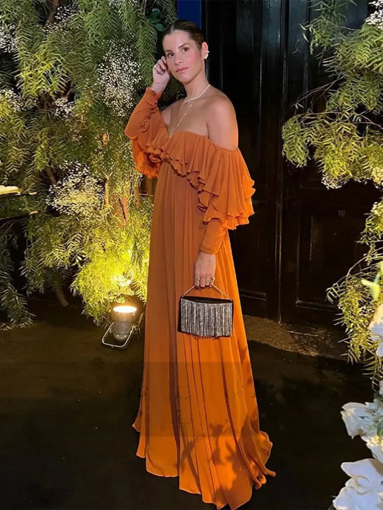 Summer Elegant Solid Ruffles Maxi Dress For Women Fashion Off Shoulder High Waist Chic Female Evening Party