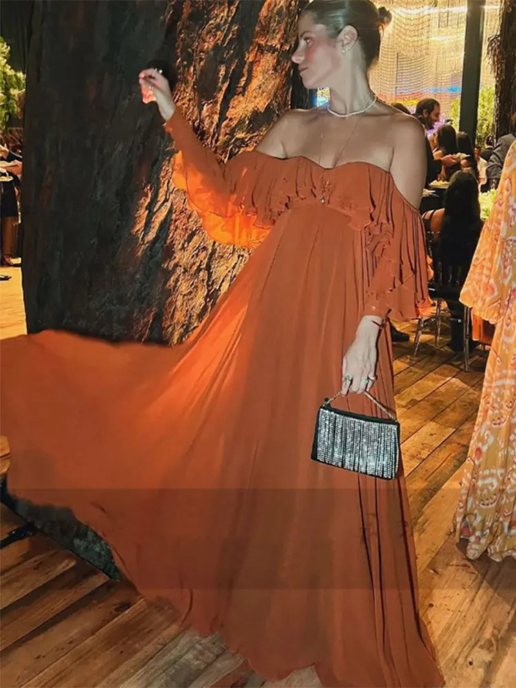 Summer Elegant Solid Ruffles Maxi Dress For Women Fashion Off Shoulder High Waist Chic Female Evening Party
