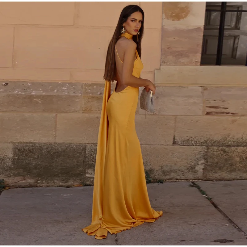 Women Sexy Backless Off Shoulder Bodycon Long Dress Elegant Yellow Satin Ribbon Sleeveless Robes New Summer Lady Party Gown