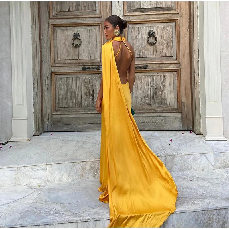 Women Sexy Backless Off Shoulder Bodycon Long Dress Elegant Yellow Satin Ribbon Sleeveless Robes New Summer Lady Party Gown