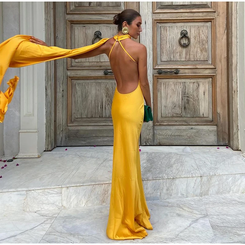 Women Sexy Backless Off Shoulder Bodycon Long Dress Elegant Yellow Satin Ribbon Sleeveless Robes New Summer Lady Party Gown