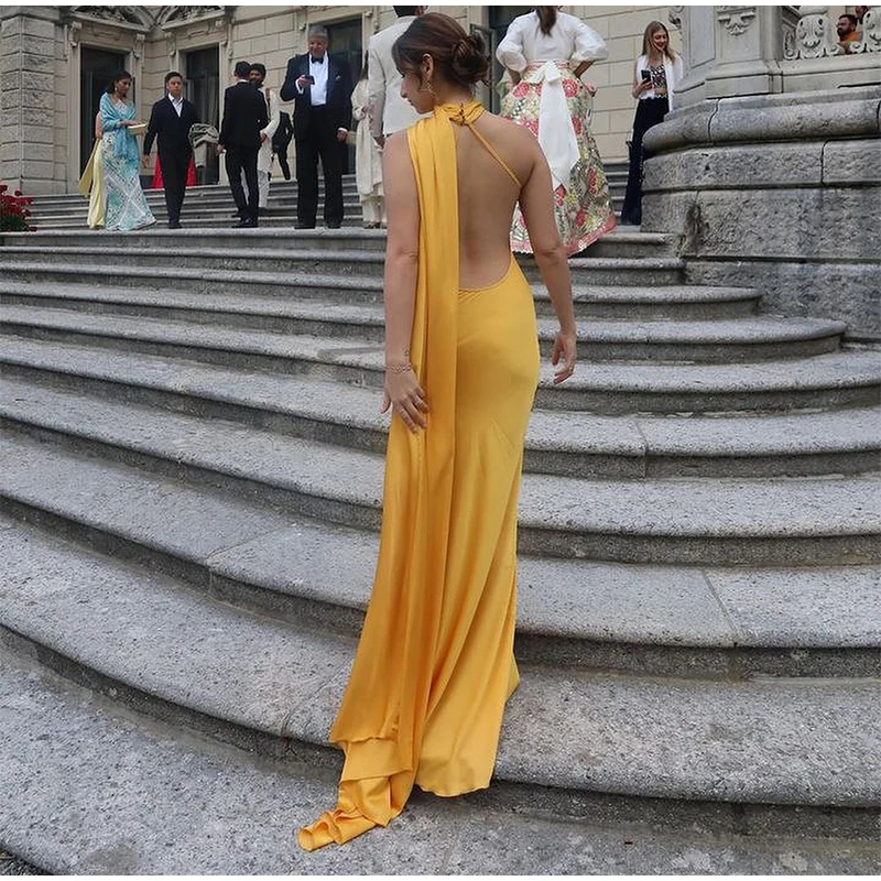 Women Sexy Backless Off Shoulder Bodycon Long Dress Elegant Yellow Satin Ribbon Sleeveless Robes New Summer Lady Party Gown