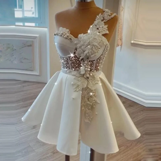 Newest Mini Party Dresses Women Beading Sleeveless Off The Shoulder Applique Pearls Party Dress A Line Ivory Short Prom Gowns
