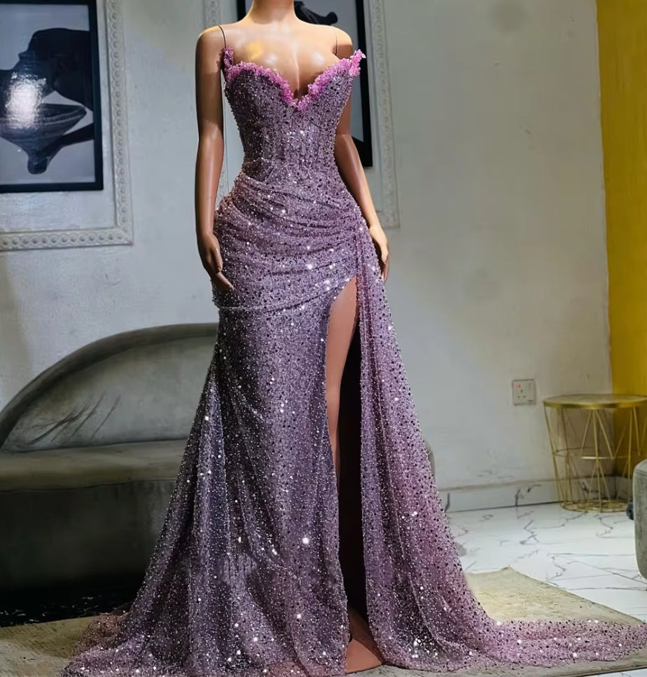 Light Purple Beaded Sweetheart High Split Luxury Evening Dresses For Wedding Mermaid Prom Dresses Elegant Gowns