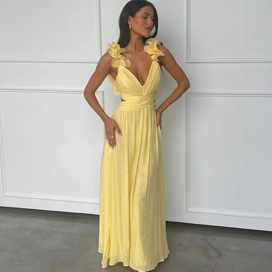 Summer Yellow Beach Prom Dress Sexy Backless Floor Length Sleeveless Straight Gown V-Neck Custom Luxury Long Evening Gown