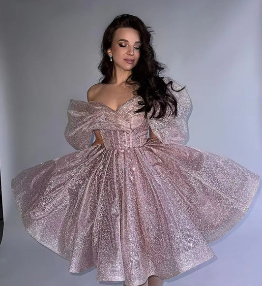 Glitter Tulle Prom Dresses Off The Shoulder Shinny Short Pink Party Sparkly Dress Corset Back Plus Size Evening Gown
