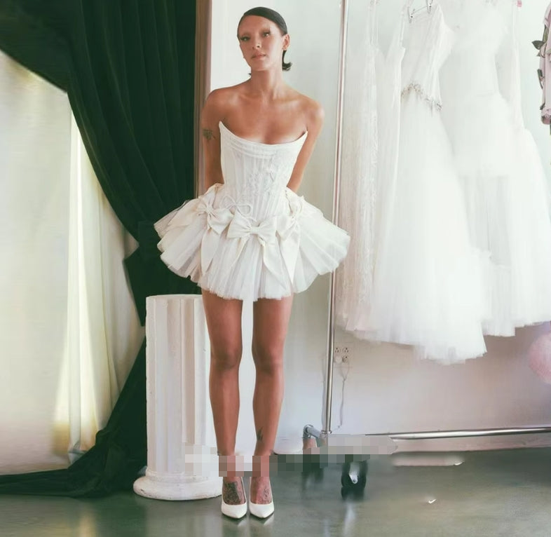 Princess Short Wedding Party Dresses Bow Front Corset Strapless Fitted Slim Tutu Ball Gown Bride Prom Gowns Dance Girls