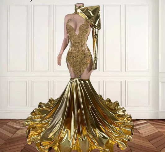 Gold High Neck Long Prom Dresses For Black Girls Bead Crystal Evening Dress Tassel Birthday Luxury Dresses With One Sleeve