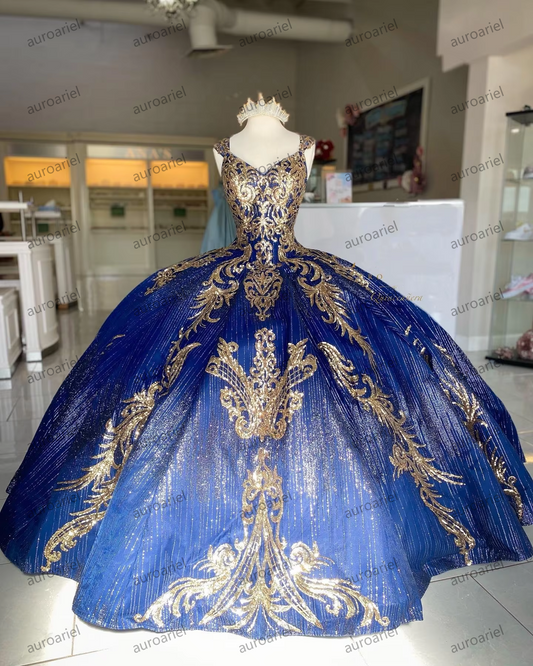 Shiny Navy Blue Gold Quinceanera Dress For 15 Years Old Sequin