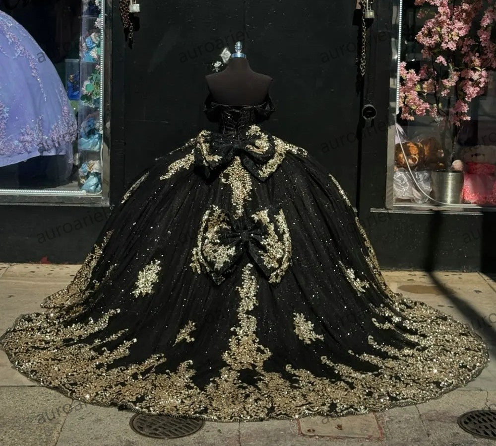 Black Off The Shoulder Bow Quinceanera Dresses Ball Gown Gold Sequined Appliques