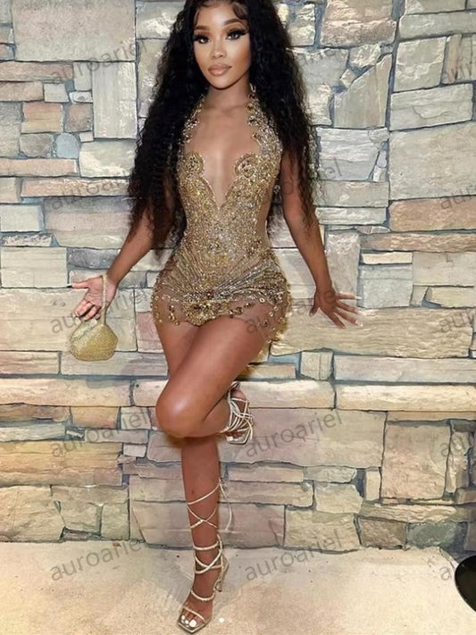 Sexy Gold Diamonds Short Prom Dresses Bead Crystals Birthday Dress Women