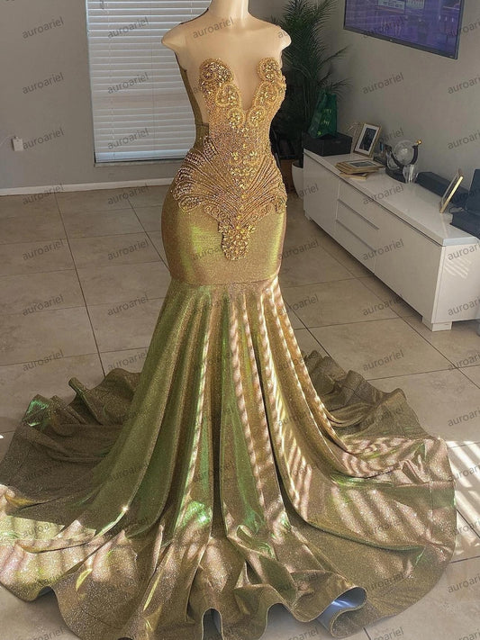 Customized Gold Rhinestone Velvet Prom Dress For Black Girls Mermaid Diamond Crystals Beaded Party Gala Gown