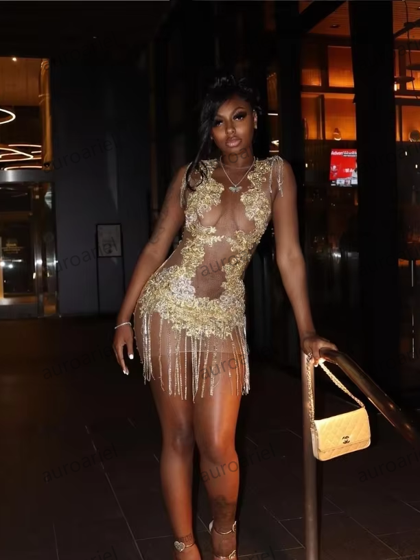 Gold Luxurious Short Cocktail Dresses Glitter Diamante Fringe Black Girls Birthday See Through Mesh
