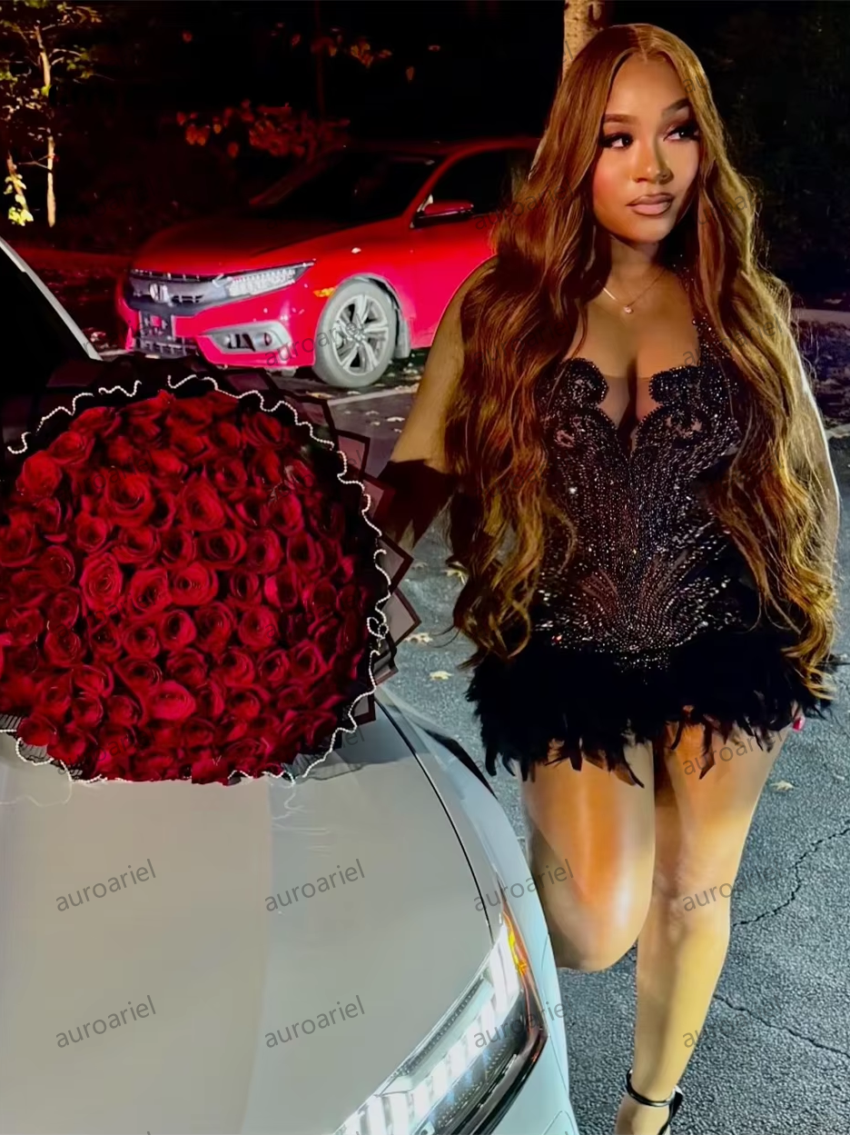 Black Crystal Beading Short Prom Dresses Black Girls Feathers Birthday Luxury Dress Mini Cocktail Gown Customized