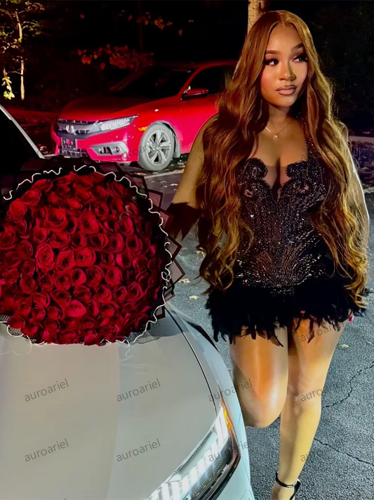 Black Crystal Beading Short Prom Dresses Black Girls Feathers Birthday Luxury Dress Mini Cocktail Gown Customized