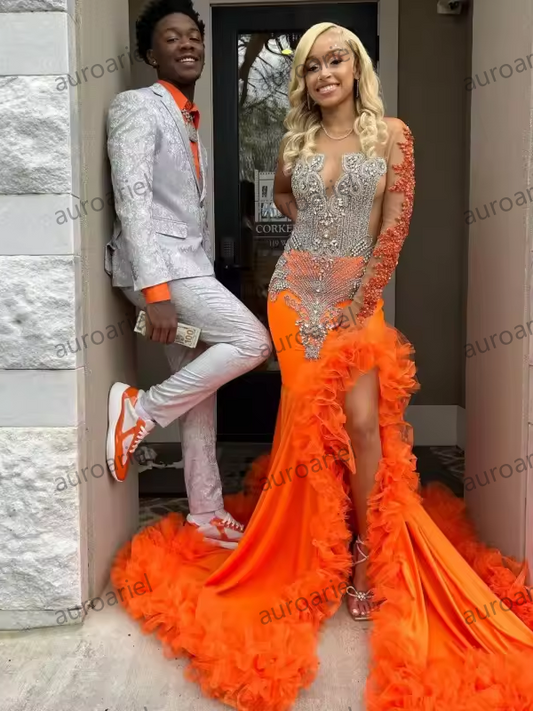 Luxury Split Orange Prom Dresses BlackGirl Beading African Women Pageant Party Gowns