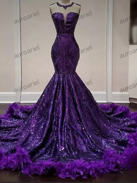 Elegant Mermaid Ball Dresses Round Neck Sleeveless Lace Applique Evening Gowns