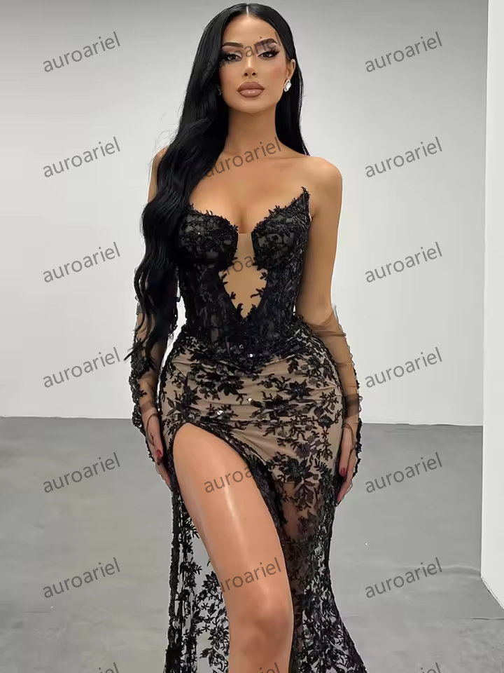 Black Lace Mermaid Long Dress Strapless V Neck High Slit Prom Party Evening Gown with Gloves