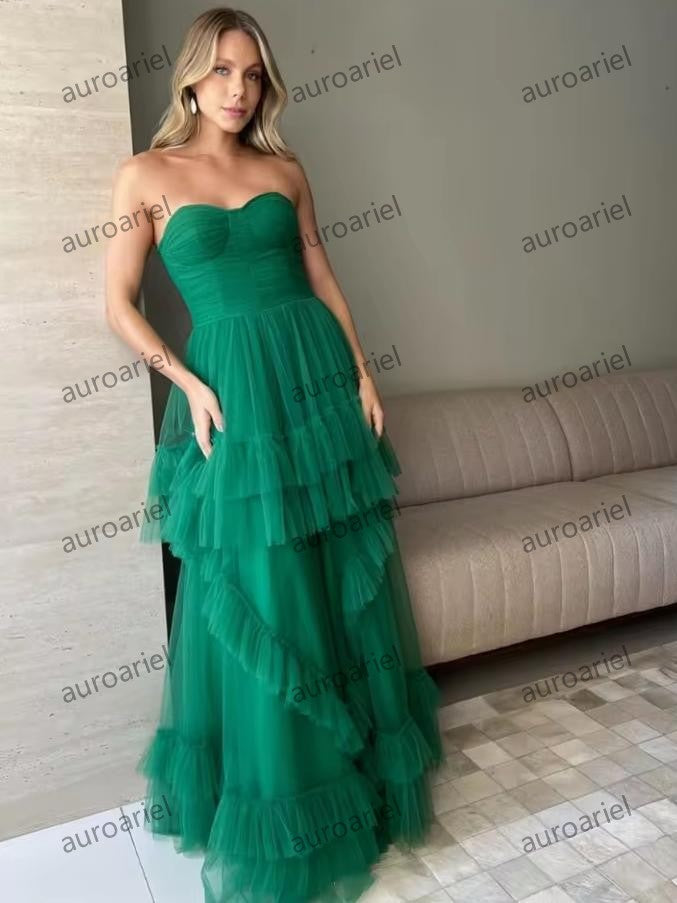 Strapless Green Prom Dresses Tulle Layered Elegant Lady Evening Dresses A-Shape Wedding Party Dress