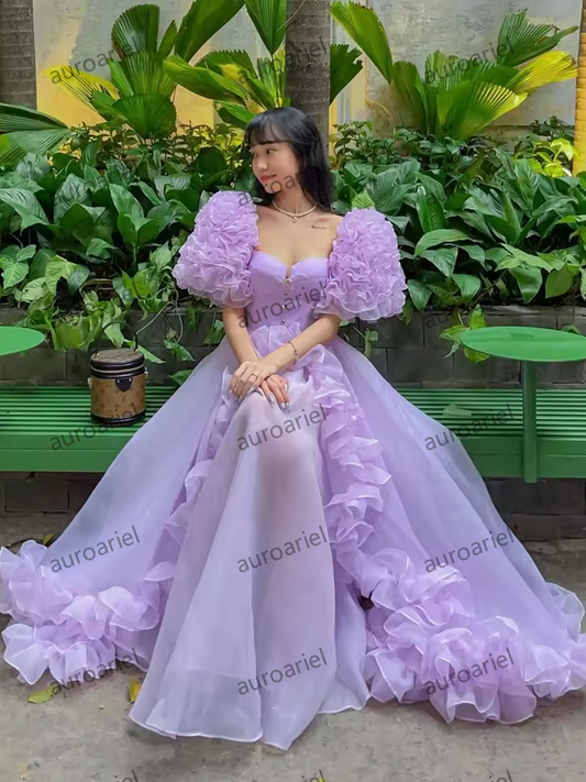 Pretty Puffy Sleeves Tulle A Line Prom Dresses Sweetheart Ruffles Tiered Mesh Women Summer Dress Long Photography Party Gowns