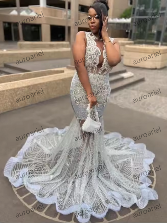 Sparkly Silver Diamond Long Evening Party Dress for Women Luxury Gillter Beaded Sheer Mesh Birthday Dresses