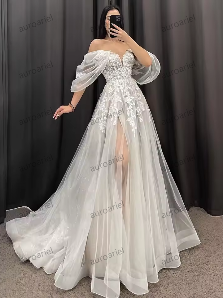 Ivory A-Line Wedding Dresses Women V-Neck Short Sleeves Long Bride Dress Sweep Train Lace Applique Occasion Gowns