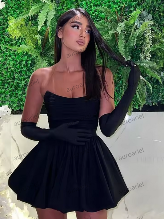 Satin Sexy Formal Occasion Dresses With Gloves Black Mini Party Dress Strapless A-line Cocktail Gowns