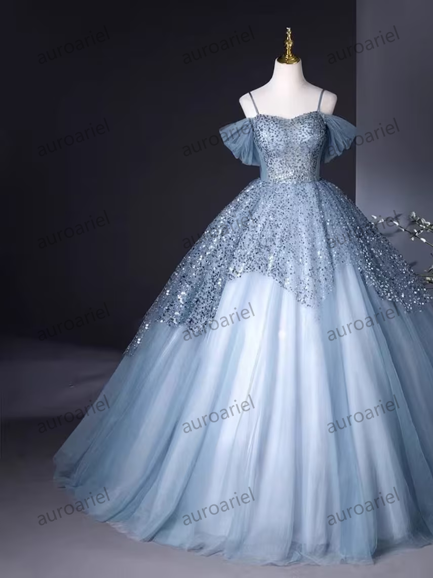 Blue Sequins Tulle Ball Gown,Off Shoulder Blue Prom Dress,Formal Prom Dress,A line Fairy Prom Dress, Evening Ball Gown,Maxi Blue Prom Dress