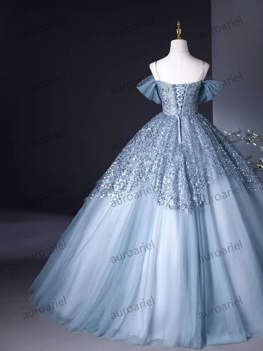 Blue Sequins Tulle Ball Gown,Off Shoulder Blue Prom Dress,Formal Prom Dress,A line Fairy Prom Dress, Evening Ball Gown,Maxi Blue Prom Dress