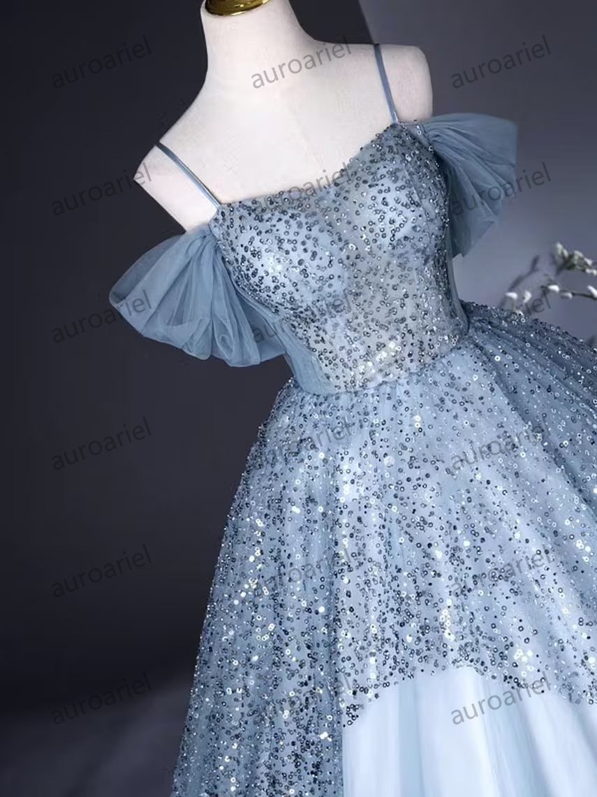 Blue Sequins Tulle Ball Gown,Off Shoulder Blue Prom Dress,Formal Prom Dress,A line Fairy Prom Dress, Evening Ball Gown,Maxi Blue Prom Dress