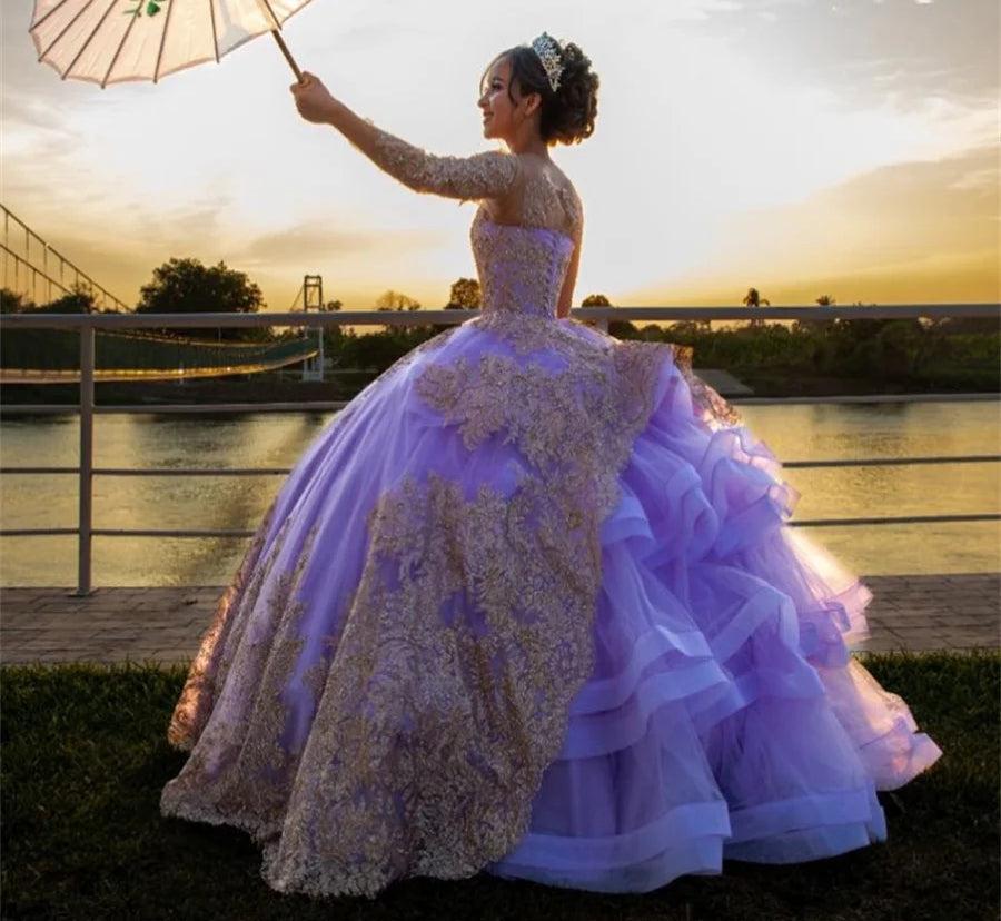 Luxury Charro Quinceanera Dresses Lilac Fluffy Gold Lace Vestidos De 15 Anos Princecss Long Sleeve Birthday Party Customized