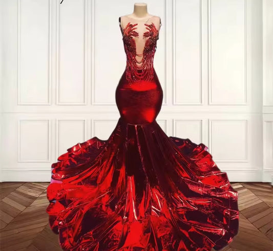 Red Bead Crystal Long Prom Dresses Luxury Black Girl Rhinestone Women Tassel Birthday Party Gown Evening Dresses Customized