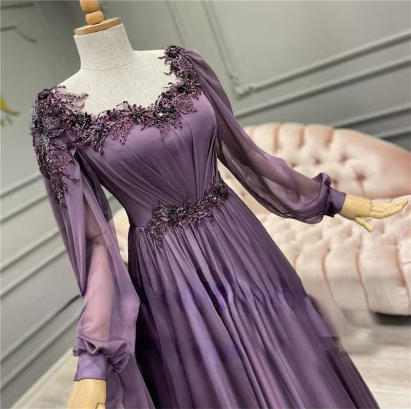 Elegant Dark Purple Silk Chiffon Prom Dresses Long Sleeves 3D Flowers Beads Saudi Arabic Women Formal Evening Gowns