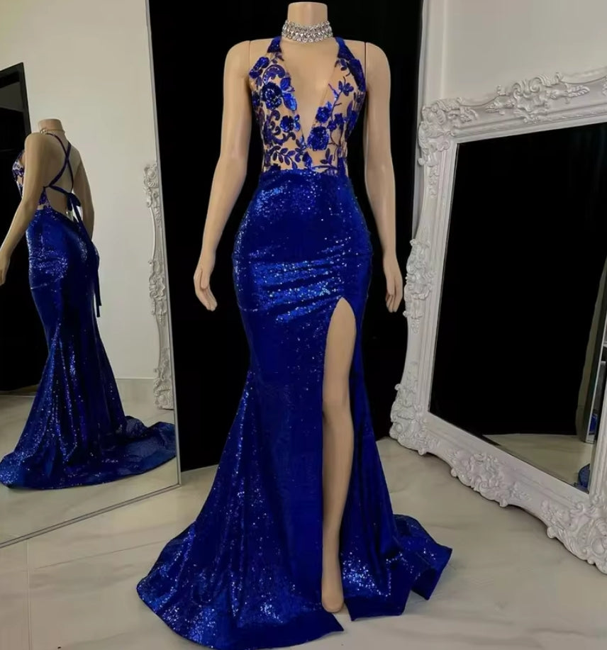 Royal Blue Glitter Sequins Applique Prom Dresses aso ebi Side Split Evening Dress For Black Girls Graduations Gowns Customized