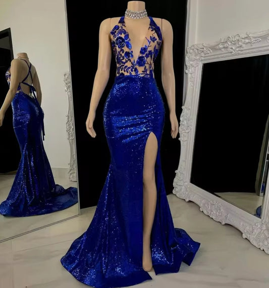 Royal Blue Glitter Sequins Applique Prom Dresses aso ebi Side Split Evening Dress For Black Girls Graduations Gowns Customized
