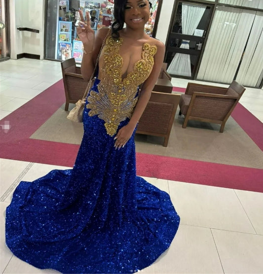 Customized Royal Blue With Gold Prom Dresses For Black Women Shine Mermaid Sequin Evening Dress Beaded Crystal Birthday Party