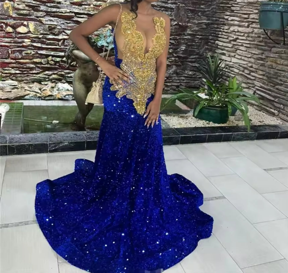 Customized Royal Blue With Gold Prom Dresses For Black Women Shine Mermaid Sequin Evening Dress Beaded Crystal Birthday Party