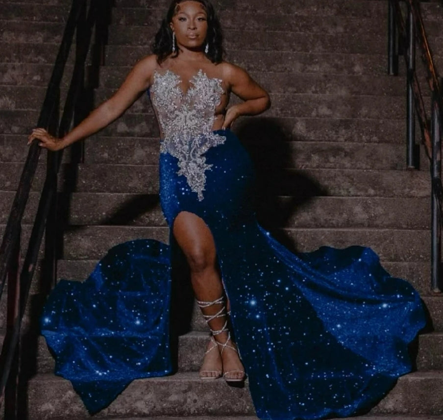 Customized Royal Blue Sequin High Slit Mermaid Prom Dress For Black Girl Silver Crystal Beaded Party Gala Gown