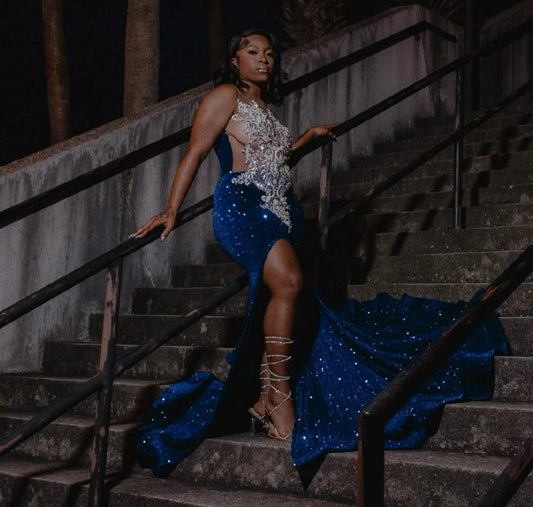 Customized Royal Blue Sequin High Slit Mermaid Prom Dress For Black Girl Silver Crystal Beaded Party Gala Gown