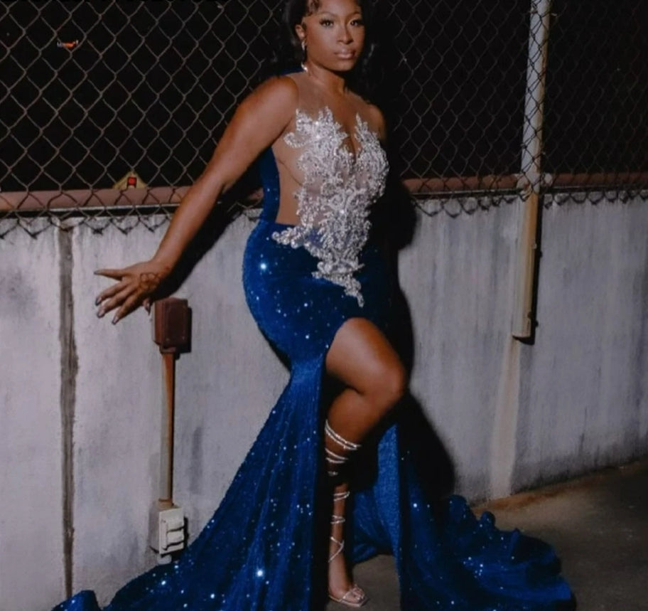 Customized Royal Blue Sequin High Slit Mermaid Prom Dress For Black Girl Silver Crystal Beaded Party Gala Gown