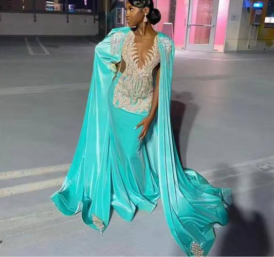 Turquoise Velvet Sliver Crystal Beading Prom Dresses Luxury Party With Cape Mermaid Black Girls Customized