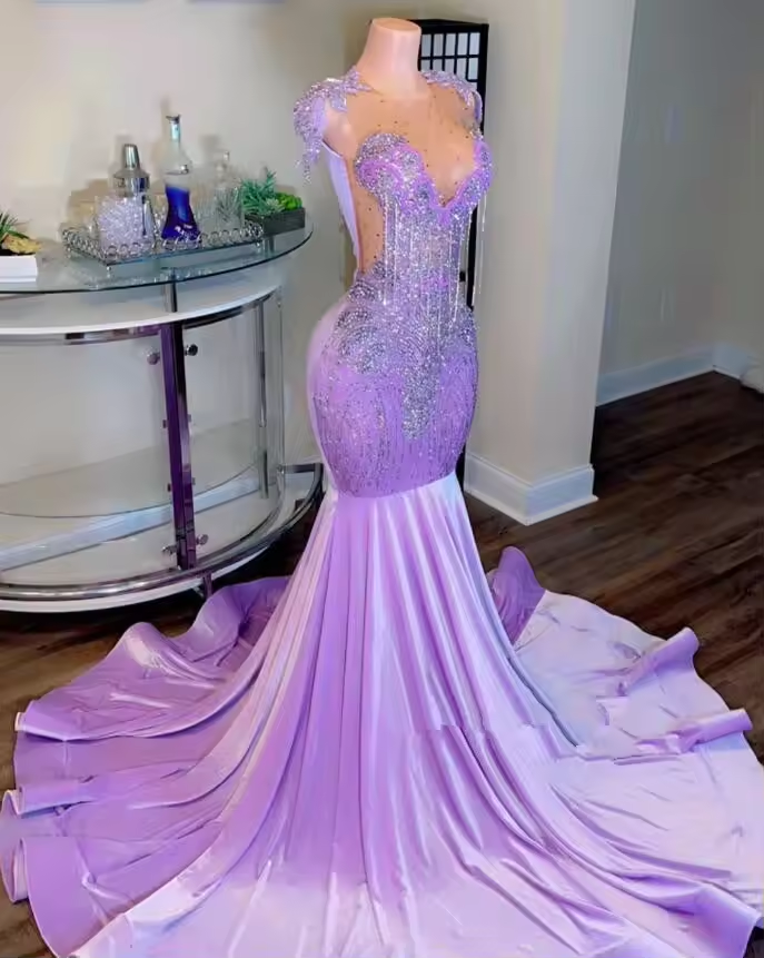 Lilac Purple Mermaid Prom Dress for Women Luxury Diamond Crystal Tassel Black Girl Birthday Runway Party Gown Gala