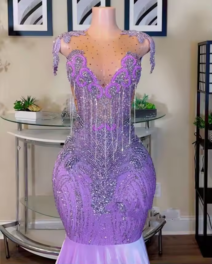 Lilac Purple Mermaid Prom Dress for Women Luxury Diamond Crystal Tassel Black Girl Birthday Runway Party Gown Gala