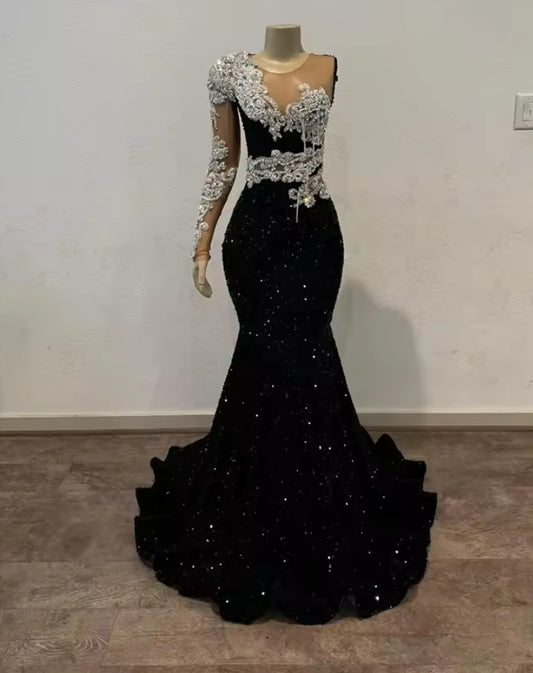 Black Sequin Aso Ebi Prom Dresses Luxury 2025 Beaded Rhinestones Tassels Evening Gown One Shoulder Mermaid Customized