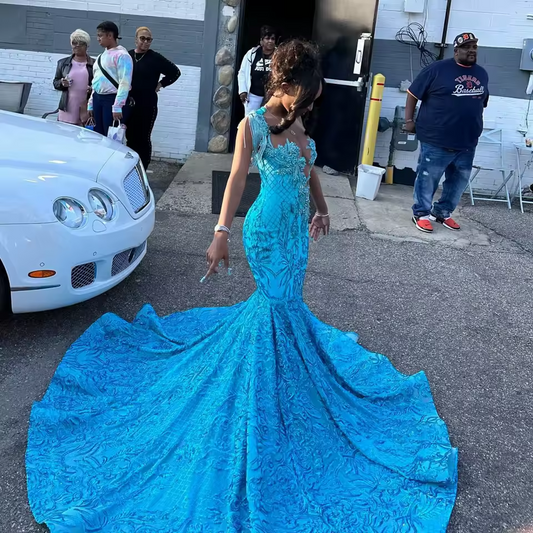 Luxury Beading Lace Prom Dresses Sparkle Appliques Tassel Mermaid Evening Gowns Sexy V Neck Satin Long Formal Party Dress