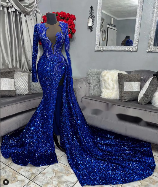 Glitter Royal Blue Mermaid Ball Gown Luxury Long Sleeve African Women Ball Gown Wedding