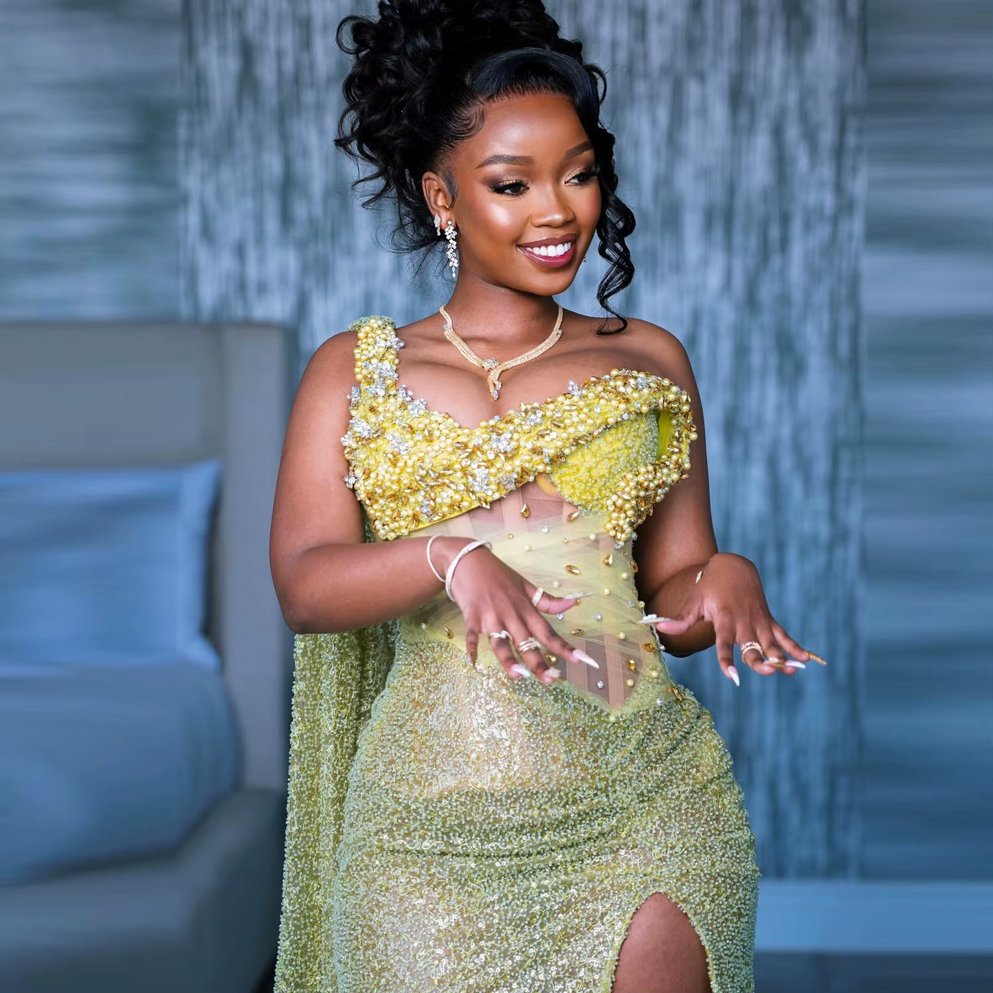 Sequined Mermaid Prom Dresses One Shoulder Beads Pearls High Slit Formal Evening Dress African Women Birthday Gowns