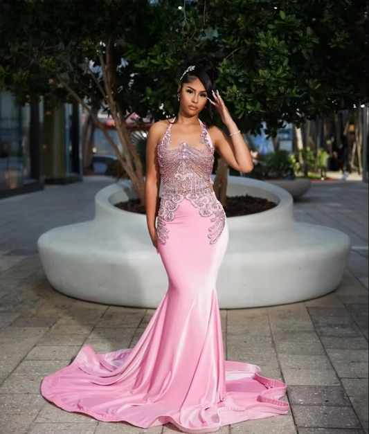 Pink Mermaid Prom Dress Beaded Rhinestone Birthday Dresses Black Girls 2025 HalterCocktail Gown Vestidos De Graduación