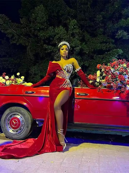 New Arrival Red Velour Mermaid Evening Party Dresses 2025 Luxury Bead Diamonds Formal Prom Party Vestidos De Noche Customized